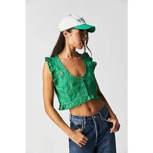 Free People Kelly Green All The Ways Embroidered Tank Vest Top- Size Medium